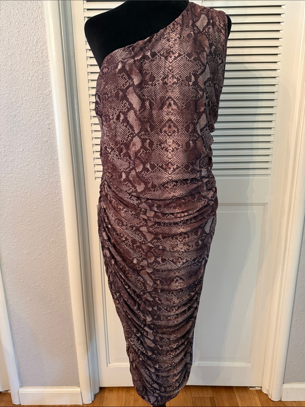 New York & Company Mauve Snake-Print One-Shoulder Ruched Midi Dress
